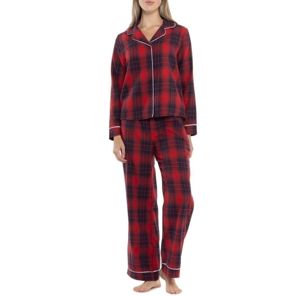 89th+Madison Red Navy Plaid White Trim Notch Collar Long Sleeve Pants PJ Set